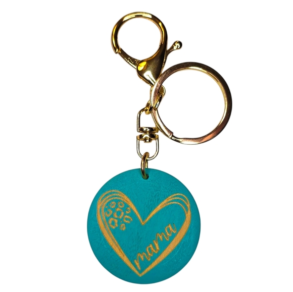Fashion Jewelry Accessories - Teal & Gold Mama Heart Wooden Pendant Keychain / Bag Charm
